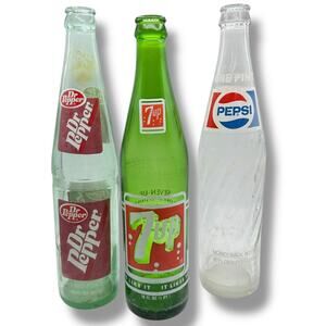 X3 VINTAGE 1970S POP TOP GLASS BOTTLES 7-Up Dr Pepper Pepsi